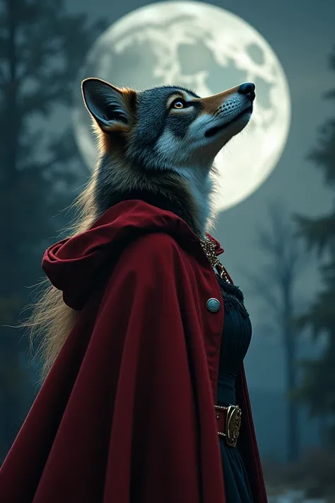 En prise de vue photo realiste le petit chaperon rouge a un visage de louve tenue glamour.pleine lune eb arriere plan elle regarde en l air