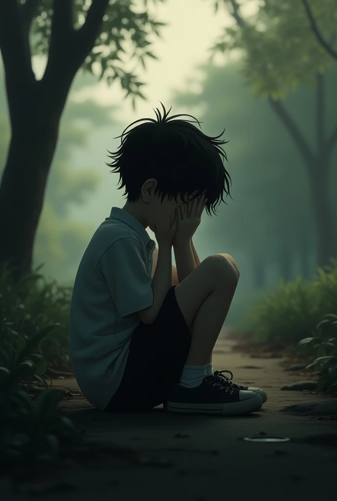  Showing the silhouette of a boy with messy black hair . fallen to the ground , Putting your hands in front of your face  ,  wearing a school uniform  , Huddled on the shaky ground  .  the surrounding scenery is of a wooded park in the morning. 