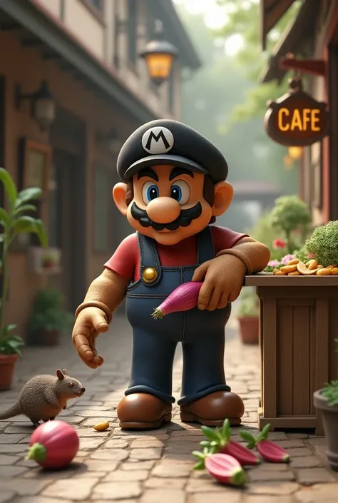 brown skin black hat and uniform 
mario with small legs and body with giant forearms stealing pink radish and onion from a cafe named A Cafe ,with a platypus as a pet
