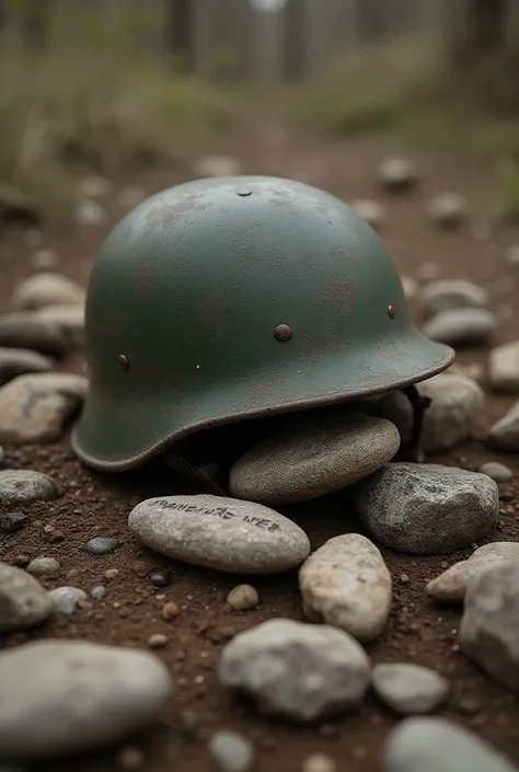  A rotated soldiers helmet on the ground,  with stones saying in Spanish  " 2nd world war " 