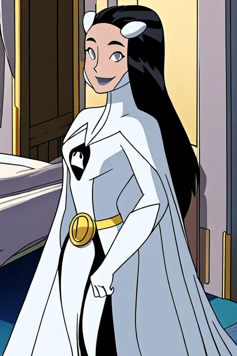 Tinya Wazzo, solo, 1girl, black hair, long hair. grey eyes, smile, grey lips, white cape, long cape, room, cape covering whole body, standing