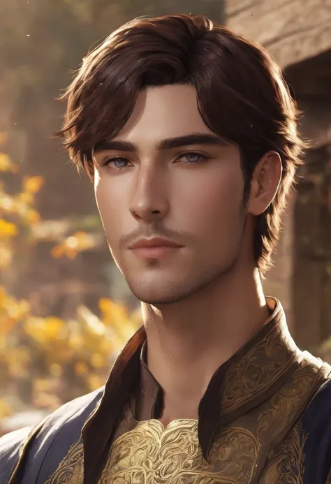 very handsome,without expression,short hair.A male fantasy character with brown hair.