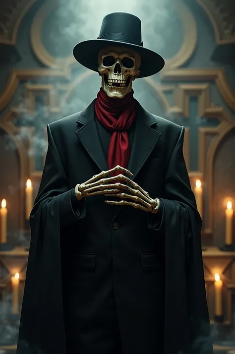 "Create a highly realistic depiction of Exu Caveira, a powerful entity from Afro-Brazilian religions like Umbanda and Quimbanda. He should appear as a skeletal figure dressed in a dark suit and a red scarf or tie, with a formal black hat. His skeletal feat...