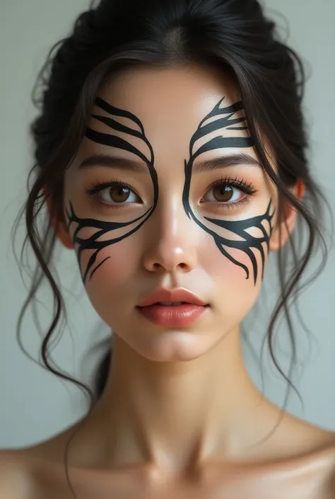 A hyper realistic womans face with simple facial markings. They are a single color and high contrast against her Caucasian skin. The patterns are symmetrical and must read from a distance, so they shouldnt be too thin. The markings are more than lines, the...