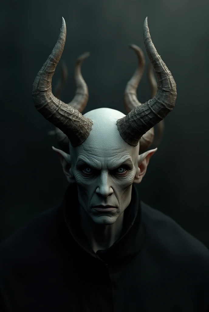  Face of a demon with a human face that has 6 horns on his head, It looks like he has a mask  