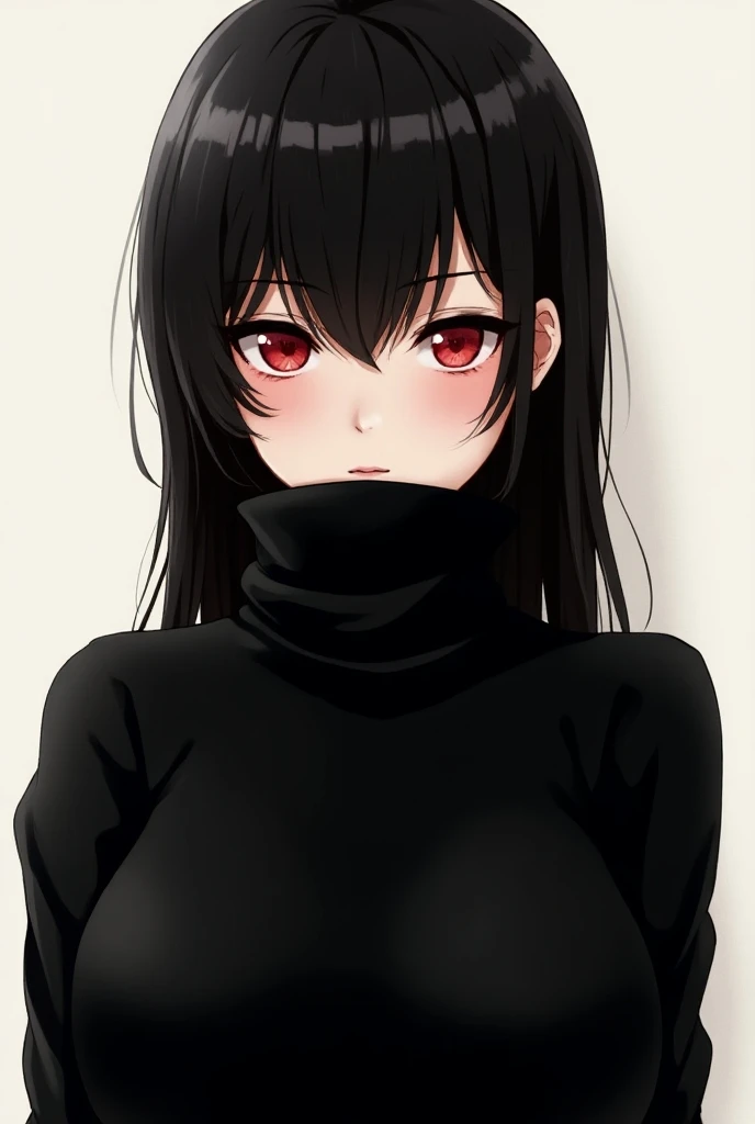 Thin red eyes, cute young girl, (massive breasts), (breasts together), (pitch black turtleneck sweater), anime illustration, (sharp jaw) (turtleneck over face)