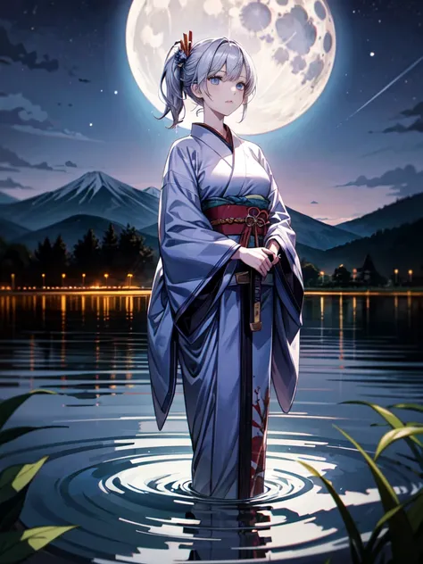 sfw, masterpiece,  High Resolution ,  anatomically correct,  very detailed ,  ultra-fine,A woman in a kimono , Silver Hair,  with purple blue eyes, Japanese sword wirewder,   Japanese Legends , Moonlit Night, Pond in the mountains, Flowing Blood, 