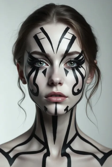 A hyper realistic womans face with simple facial markings. They are a single color and high contrast against her Caucasian skin. The patterns are symmetrical and must read from a distance, so they shouldnt be too thin. The markings are more than lines, the...