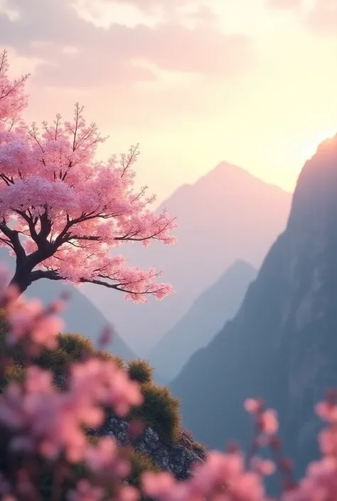  Image of a flowering cherry tree on top of a mountain at sunset, with nude colors drawing on pink with cinema quality 