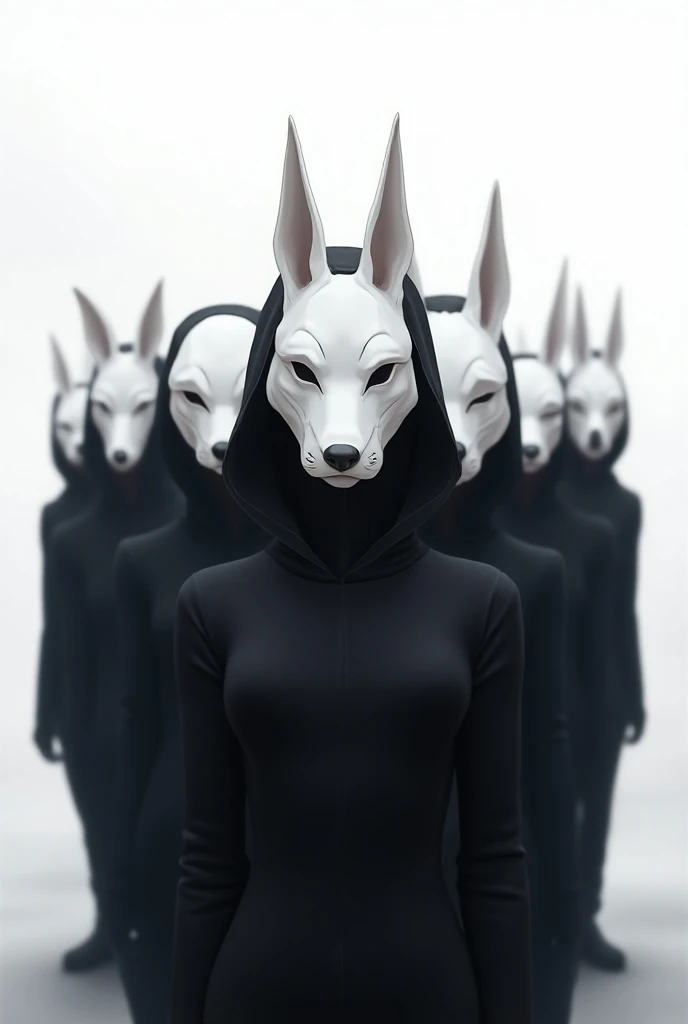 A squad with variegated white animal masks covering only part of the face and black clothes on a white background ( ANIME STYLE) 
