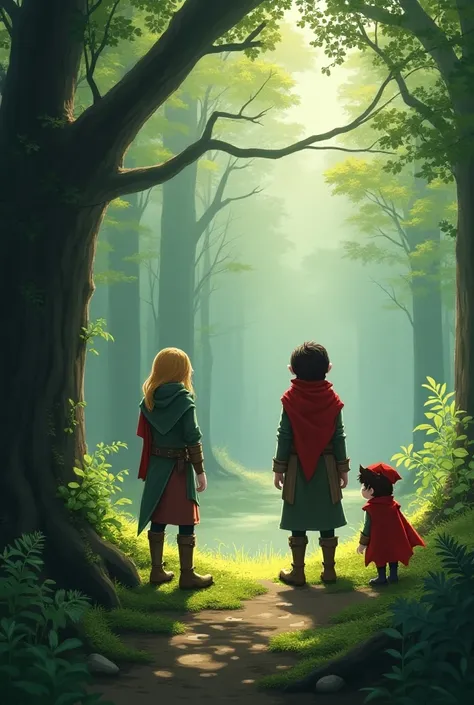 Two human ren at the edge of the forest and in the woods a leprechaun watching them and next to the leprechaun a red poncho 