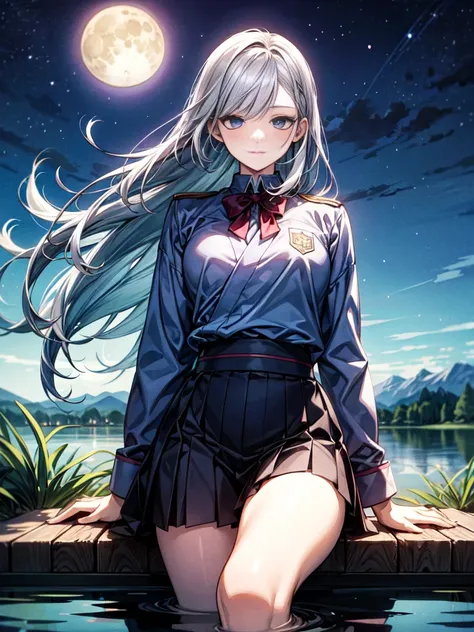 sfw, masterpiece,  High Resolution ,  anatomically correct,  very detailed ,  ultra-fine,One Woman, Silver Hair,  with purple blue eyes, high school student, uniform,   Japanese Legends , Moonlit Night, Pond in the mountains, Flowing Blood, 