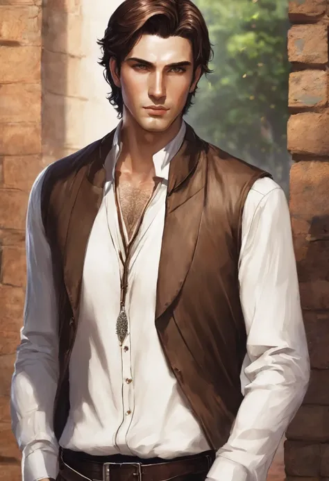 very handsome,without expression,short hair.A male fantasy character with brown hair.