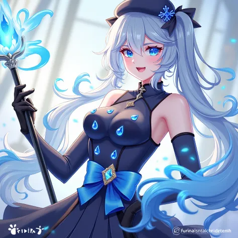 Prompt: "Create a digital art by Furina, a regal and aristocratic figure. She wears a dark blue suit-like outfit with a vest adorned with blue gemstones resembling water droplets. A blue sash tied in a bow with a central gem decorates her chest. She holds ...