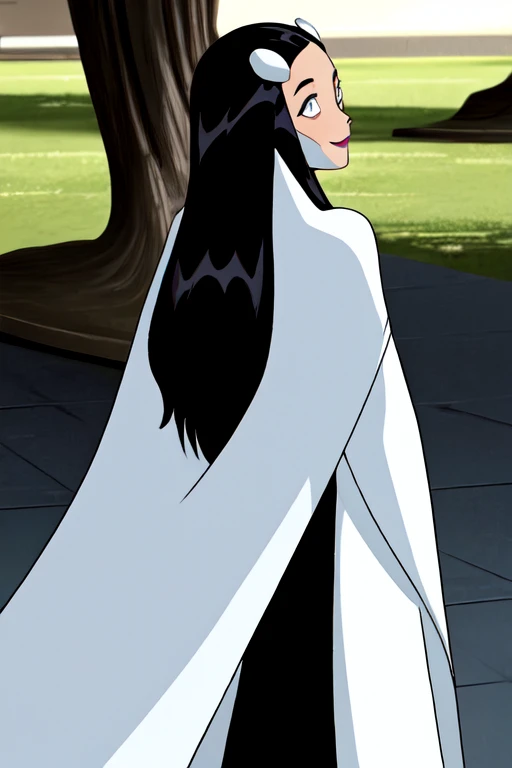 Tinya Wazzo, solo, 1girl, black hair, long hair. grey eyes, smile, grey lips, white long cape, cape covering whole back, standing, from behind, look behind