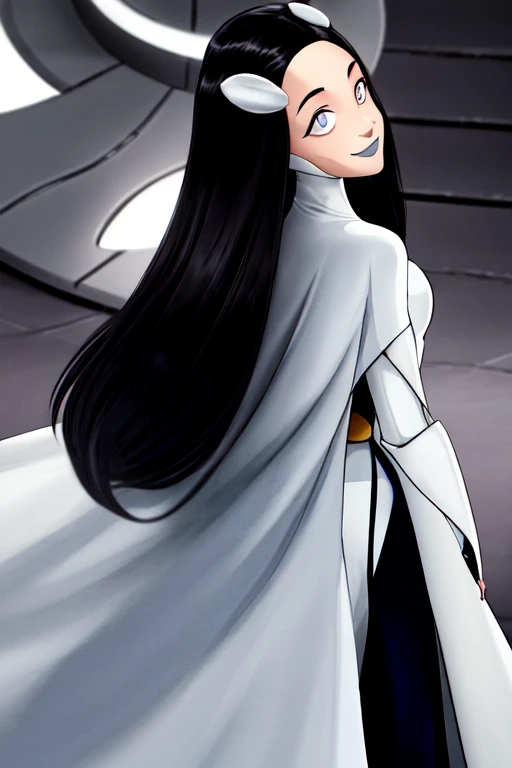 Tinya Wazzo, solo, 1girl, black hair, long hair. grey eyes, smile, grey lips, white long cape, cape covering whole back, standing, from behind, look behind