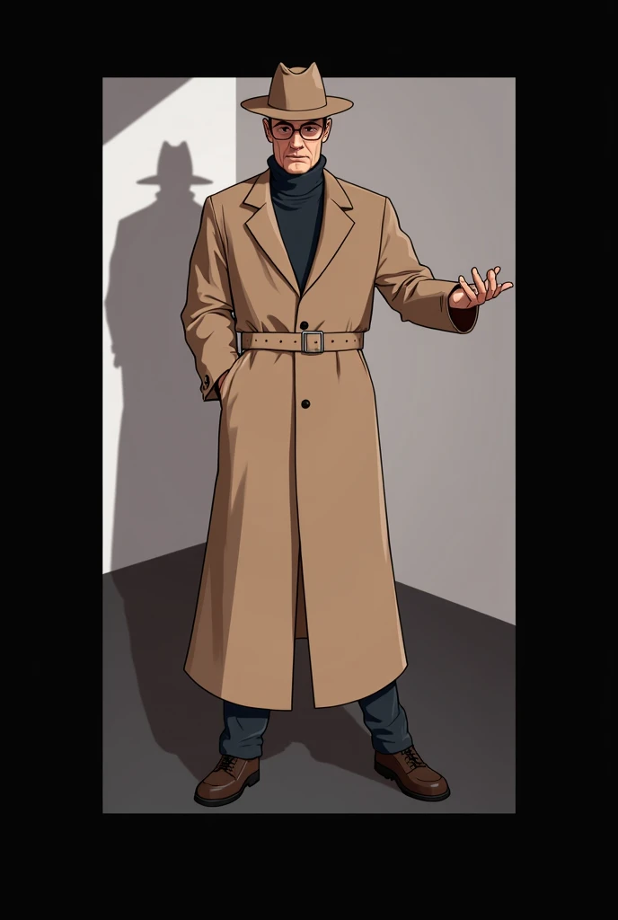 "Create a detective character wearing a classic trench coat and fedora hat, standing in a dynamic pose, pointing forward dramatically as if solving a mystery. The detective should have a neutral or subtle background, without any text or extra elements. The...