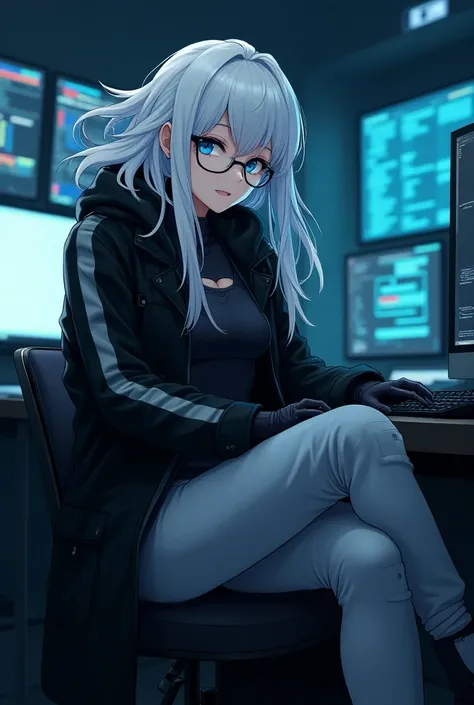  Cyberpunk,White Hair,Blue Eyes,Messy long hair, bouncing hair , hooded long coat with light blue lines on a black base,Machine Girl,White cargo pants with shoulders ,hacker,Glasses,Big Breasts,Tall,Anime Style,Dark room with lots of monitors ,Sitting on a...