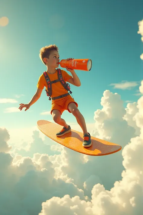 Drinking a canned orange drink while dynamically surfing the sky