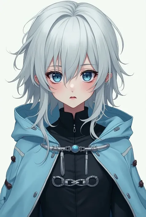  Create an illustration of a white-haired teenager , long, wavy and messy, blue eyes and fair skin, who has dark circles under the eyes and looks a little disheveled .  with a light blue medieval cape with silver details ,  who wears clothing that is sligh...