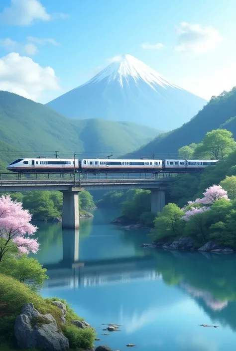  local trains cross 、Mount Fuji in the background、The season is spring 、In the foreground is a lake、 trains run on overpasses