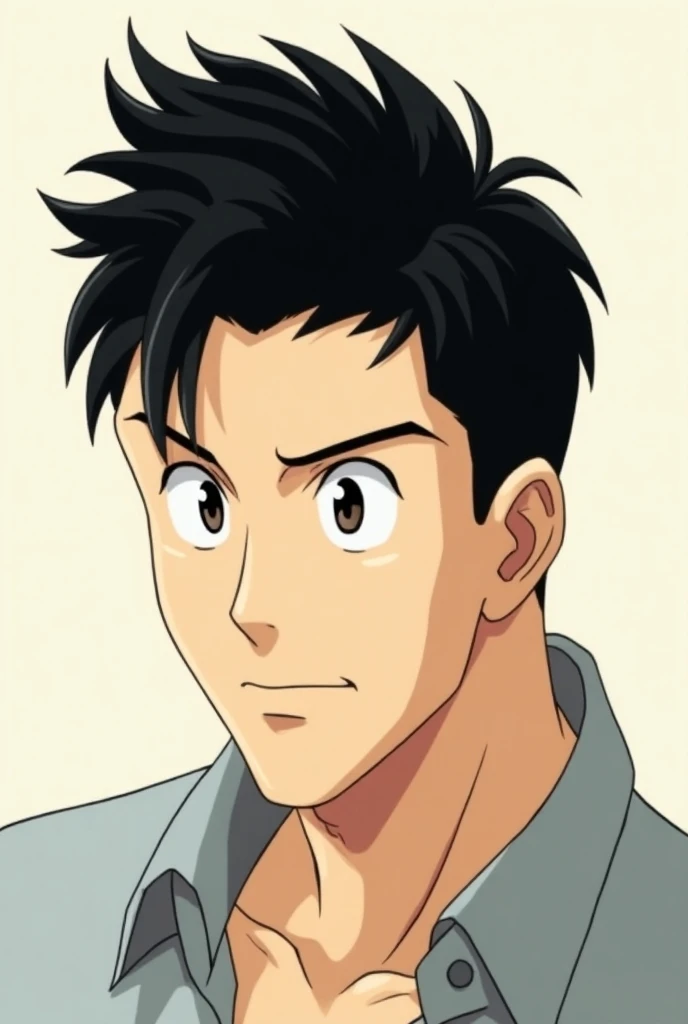 Anime man with black hair with the two block cut .  This cut is characterized by having the lower area of the head and the sides defined,  while the upper part remains bulky . 
 