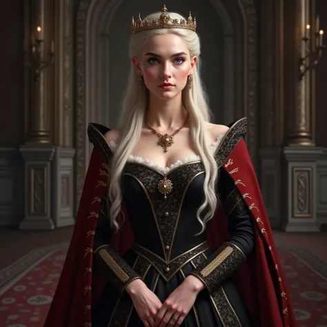 Queen Rhaenyra Targaryen in a black and red Tudor style dress, a crown and jewelry