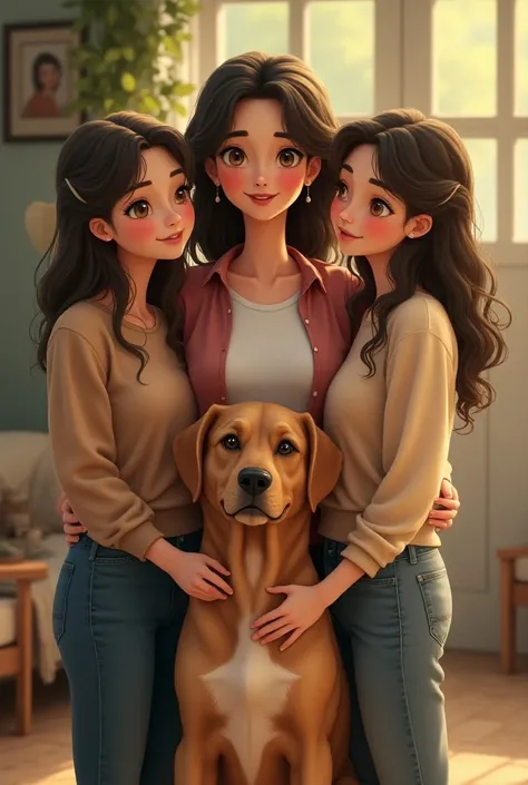 two young women with their mother and dog