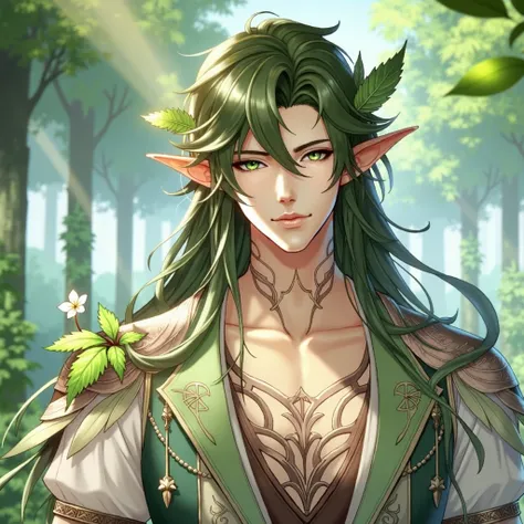  Analyze this image , This is Aldon ,  a forest elf and Druid .  I need you to create a slightly younger version of him and also a version where he is surrounded by a green aura of power.