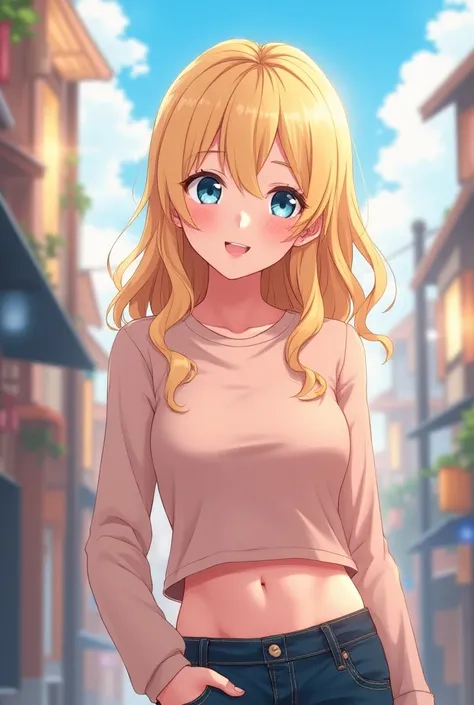 20-year-old women、Mature、smile、Blonde、blue eyes、Forehead sticking out、 Long Sleeve 、Cute clothes、Belly button、 anime picture 