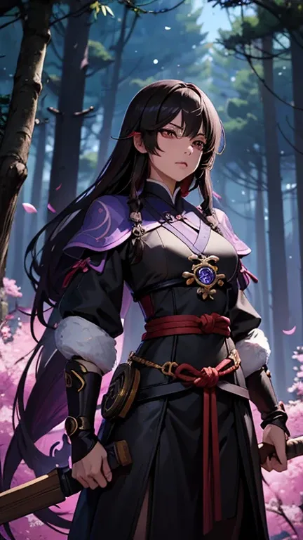 anime girl in a purple and black outfit standing in front of a forest, keqing from genshin impact, zhongli from genshin impact, heise jinyao, ayaka genshin impact, anime moe artstyle, black - haired mage, demon slayer rui fanart, ayaka game genshin impact,...