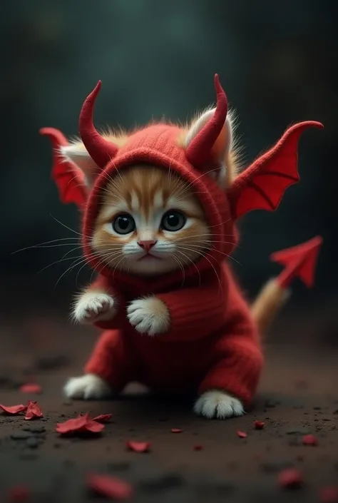 Evil kitten doing shenanigans in a devils costume