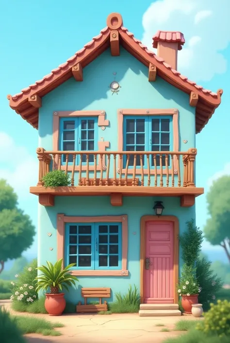 A house with sky blue colour wall, pink colour window and door  and wooden colour iron designed balcony and two fold village roof