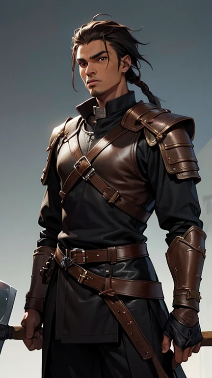 medieval fantasy world, Assassin, man, black skin man in his 20s, shaved hair, Dreadlock hair, Skin brown, brown hair, muscular, big, holding an ax, plain background, leather clothes, wearing ordinary clothes, leather armor, Anime Boy and Black Outfit