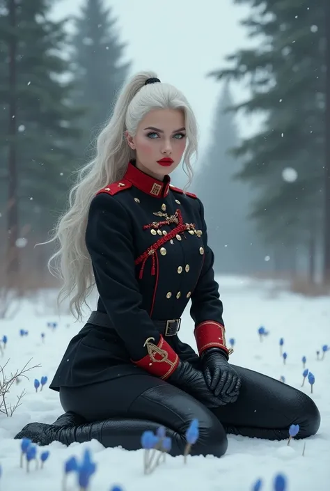  a woman with long, wavy white hair tied in a ponytail , with green eyes,  and a red lipstick wearing a black and red general outfit , She is sitting on the floor .  its snowing and around there are very large pine trees , There are small bright blue flowe...