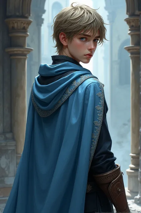  Create an illustration of a male teenager in white , light blue eyes and light skin on his back ,  wearing a light blue medieval cape with silver embroidery and black clothing,  that is looking backwards over his shoulder  