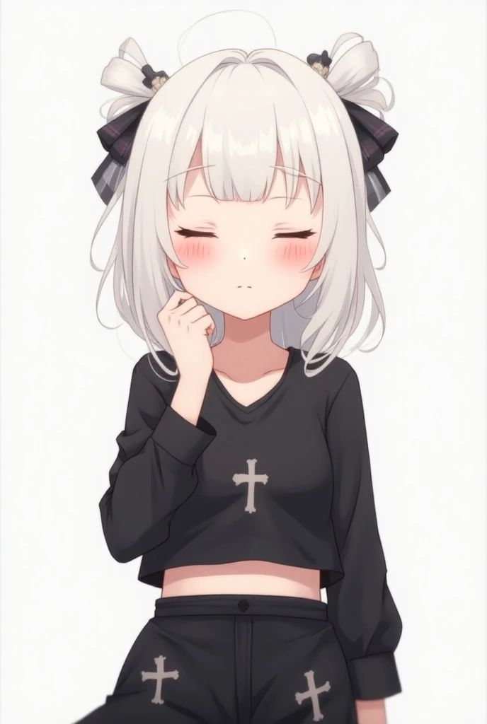 Anime girl with white hair with two bows ,  cute face with closed eyes and red cheeks , lenses above the head ,  white skin color ,  black shirt slightly bare above with an image of a cross,  a pair of pants with 2 crosses drawn on each side and a black sk...