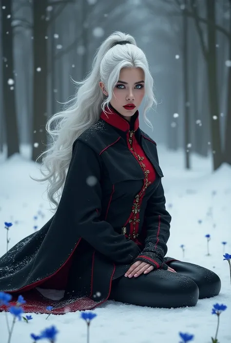  a woman with long, wavy white hair tied in a ponytail , Jade with green eyes,  and a red lipstick wearing a black and red general outfit , She is sitting on the floor .  its snowing and around there are very large pine trees , There are small bright blue ...