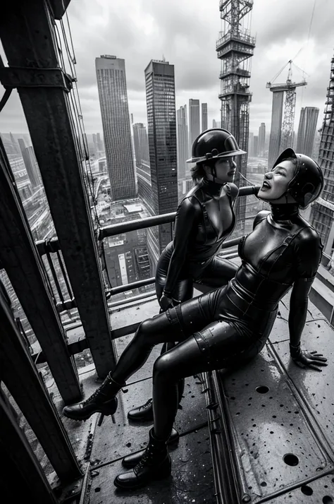 iconic eroticism, epic black and white photograph of only (female ironworkers), in black rubber bodysuits, sexy and provocative,...