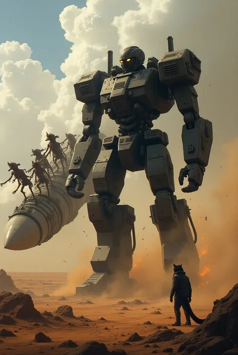 A giant war robot mecca fighting against a thousand zombie dogs mounted on a missile that is heading for Africa, which is being controlled by a cat