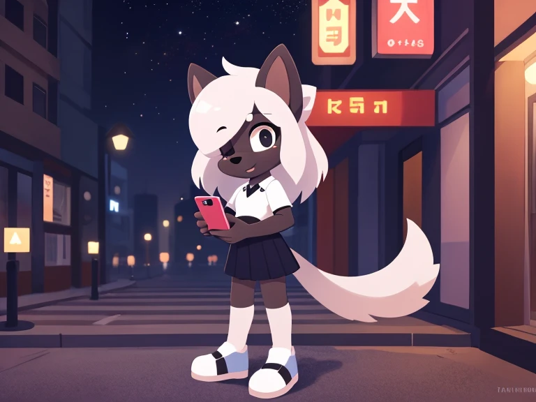 Girl, black dog, long shiny white hair covering one eye, big ears, big tail, marked by a uniform, white shirt, stars, beautiful light, long white bental, nice white shoes, background, city streets, high quality, Drayt Shams, a masterpiece, holding a gray i...