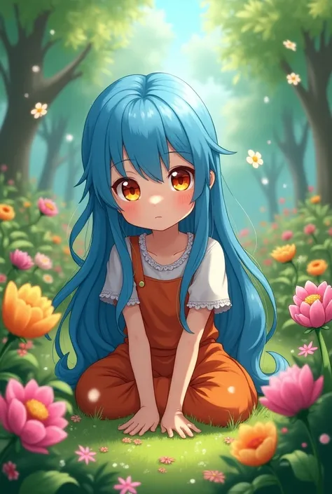 A girl with long blue hair like Konan and orange eyes sitting in a garden full of anime flowers at the age of six