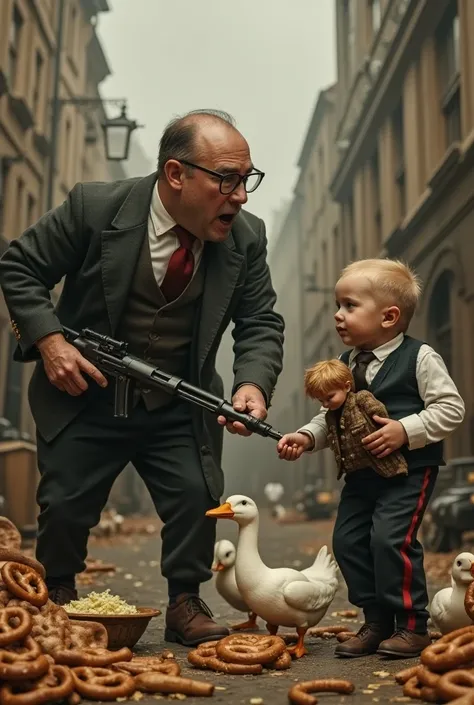 Un gros homme belge débile à lunette qui tire avec une mitraillette sur un Alsacien armé dune poupée dans la main, avec des bretzels et une tenue alsacienne et des canards avec une choucroute pendant la seconde guerre mondiale. 