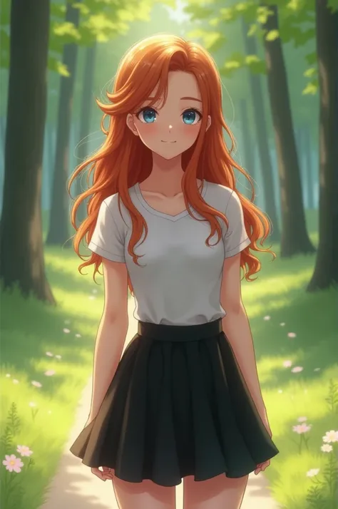 Beautiful teenage girl, standing on a park, long ginger hair, blue eyes, wears a cute black fancy skirt with a short white shirt with cropped sleeves (full body)