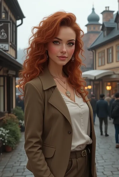 Create a realistic illustration of Sigrid Iskald, a 28-year-old woman exuding confidence and sophistication, set against the enchanting backdrop of Fjordheim. She has curly copper hair that cascades gracefully around her shoulders, complementing her warm b...