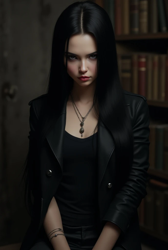 " Create a realistic human avatar with a dark and intriguing style .  The character must have smooth and long black hair , with eyes of a deep tone , almost hypnotic.  His expression must be enigmatic and mysterious ,  wearing a black leather jacket and a ...