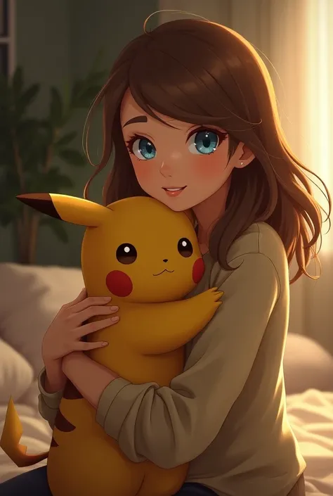 Woman with blue eyes and brown hair with a cuddly Pikachu 
