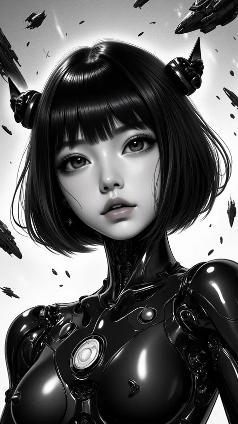 ((best quality)), ((masterpiece)), (detailed), perfect face of cyberpunk mecha japanese girl, shiny black eyes, shiny black body, shiny black hair, ((monochromatic black color palette)), surreal, art nouveau, in the illustrative style of moebius, spaceship...