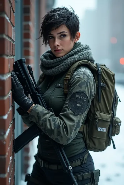 realistic, full body shot, photography, Tom Clancys The Division game, military woman, short dark brown hair, military mercenary outfit in camouflage city colours consisting of black denim combat trousers and t-shirt and camo winter jacket and arafat aroun...