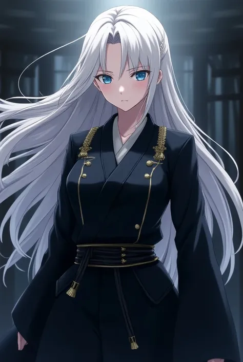 Make an adult anime character with long white hair wearing a black samurai-like uniform, Blue-eyed fair skin